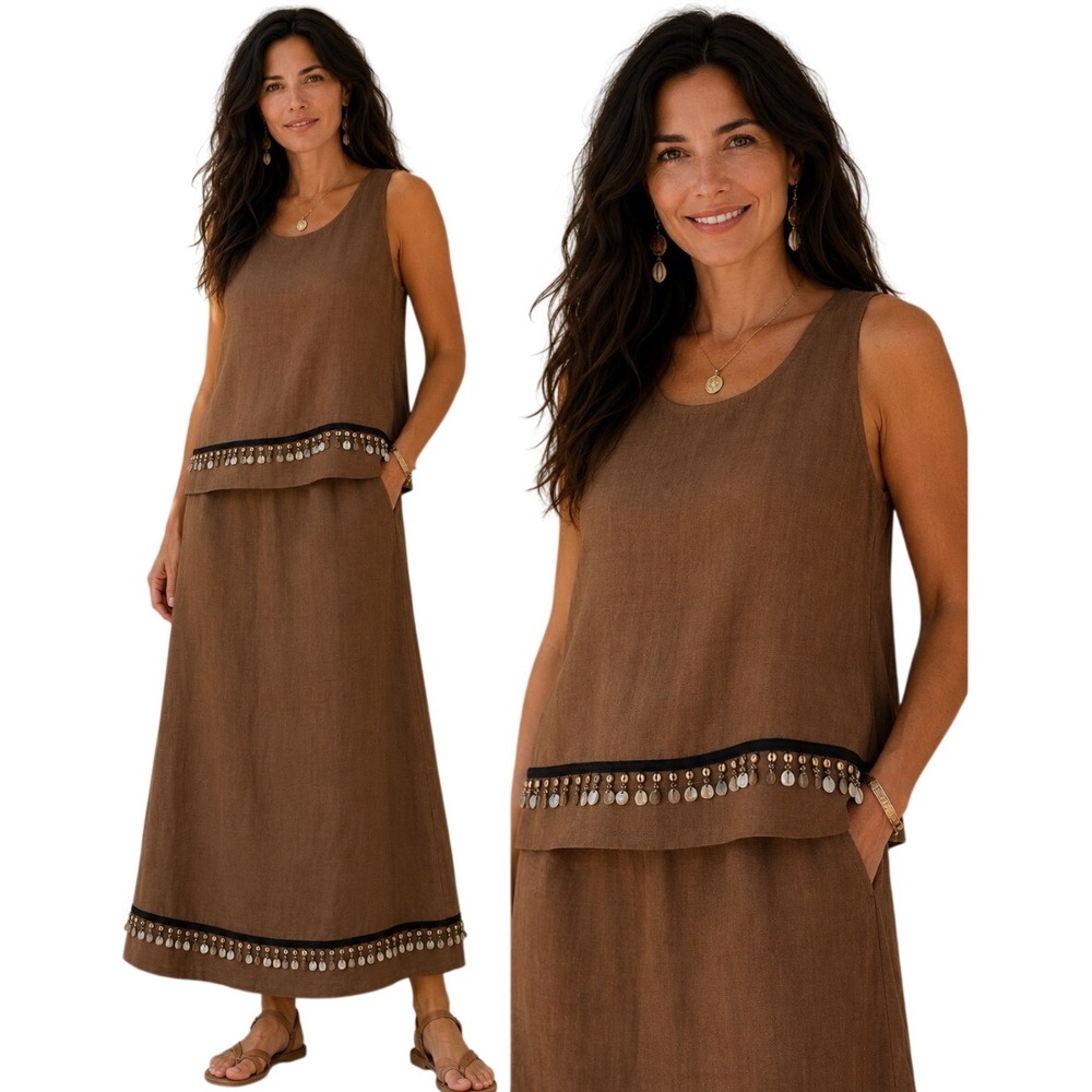Hot Cotton Marc Ware Brown 100% Linen 2 Piece Skirt Set Shell Trim Boho Resort M